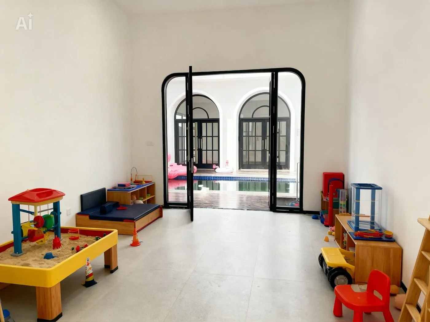 Ruang bermain dengan akses kolam renang