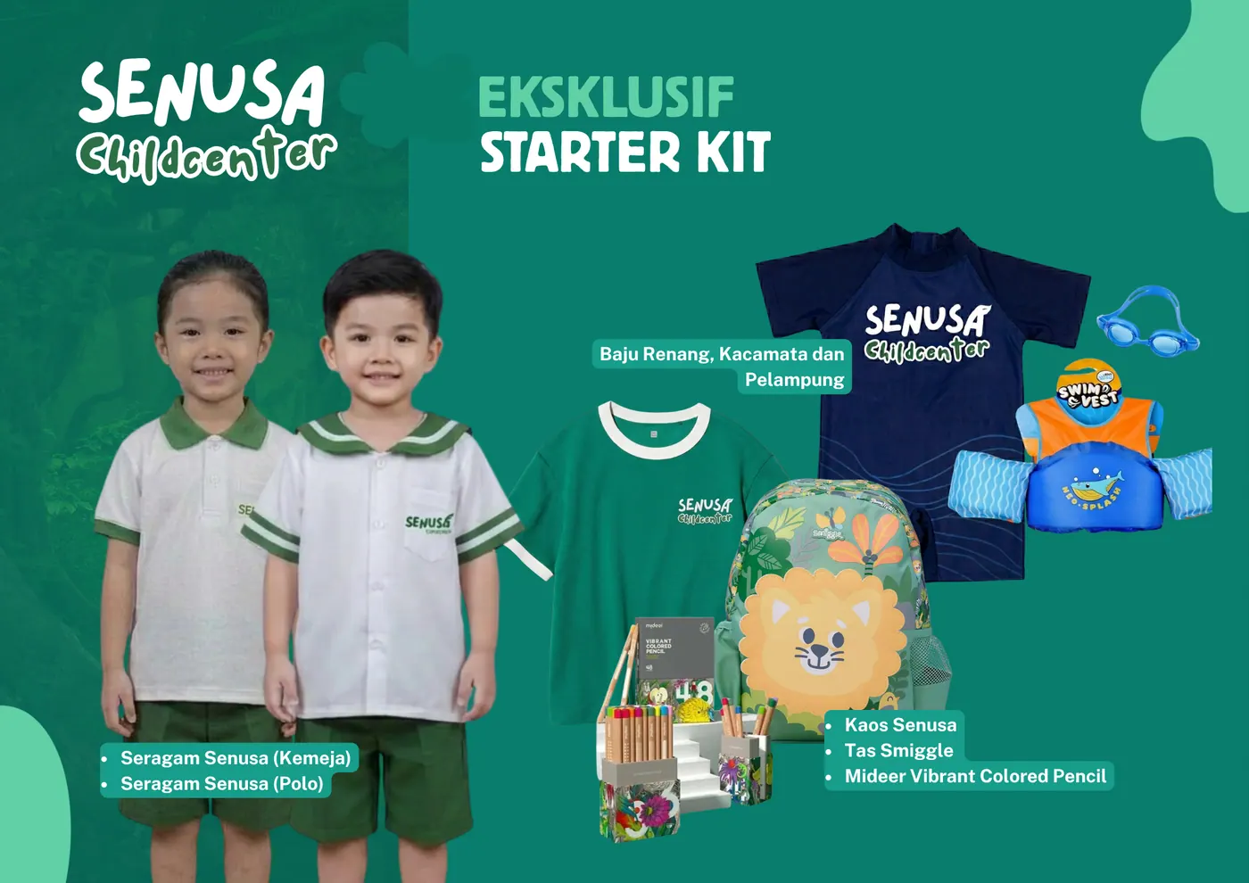 Senusa Eksklusif Starter Kit — seragam, kaos, tas Smiggle, baju renang & pensil warna
